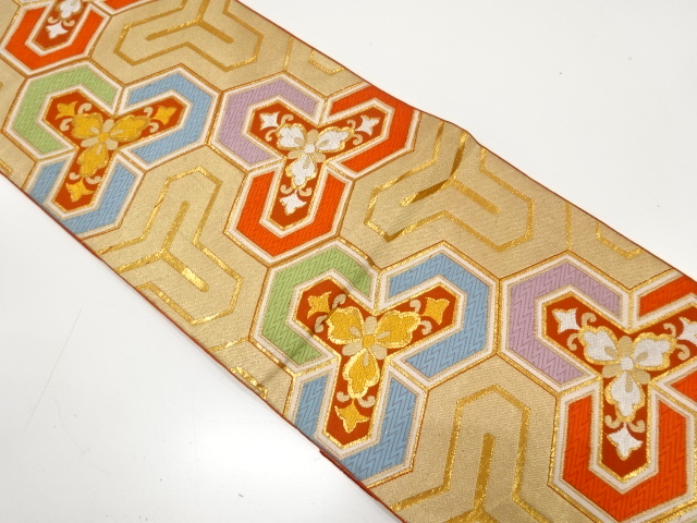 JAPANESE KIMONO / ANTIQUE FUKURO OBI / WOVEN BISHAMON KIKKO & FLOWER